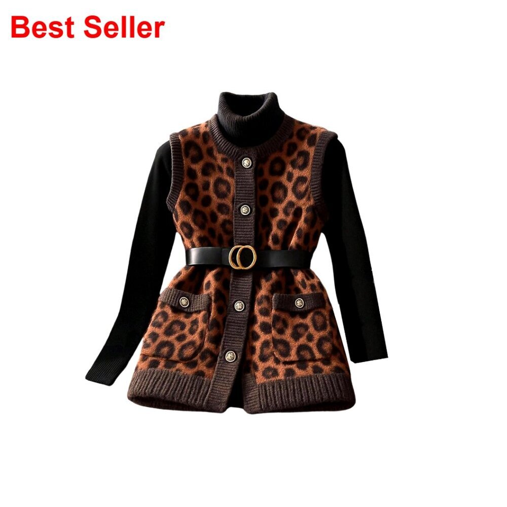 Sleeveless Leopard Print Cardigan, Button Front, Crew Neck, Knitted Fabric,